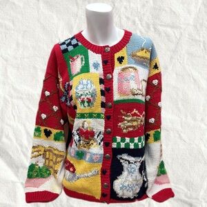 Vintage Grandmacore Cottagecore Colorful Patchwork Button-Up Sweater Large